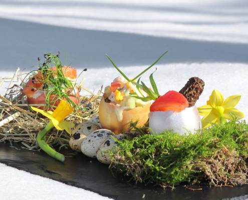 Ein Gourmet-Frühlingsgericht, elegant auf einer Platte präsentiert, mit Wachteleiern, leuchtenden essbaren Blumen und frischen Kräutern auf einem Bett aus Heu und Moos, im Kontrast zum reinweißen Schnee im Hintergrund. - Ihr Landhaus Scherrer aus Hamburg
