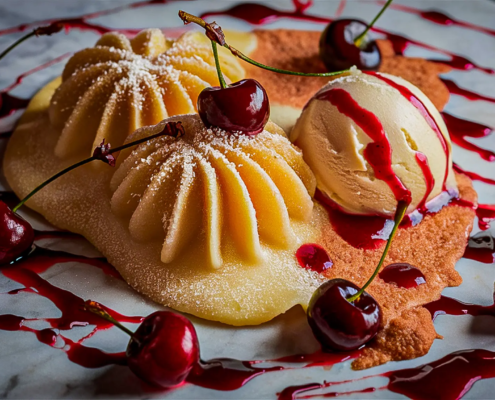 Ein Dessertteller mit kunstvoll arrangierten Birnenhälften, garniert mit Puderzucker, einer Kugel Vanilleeis, frischen Kirschen mit Stiel und einem Spritzer roter Beerensauce auf einer weißen Oberfläche mit braunen Akzenten. Die Präsentation ist lebendig und elegant, perfekt, um die Aufregung von EM2024 zu feiern. - Ihr Landhaus Scherrer aus Hamburg