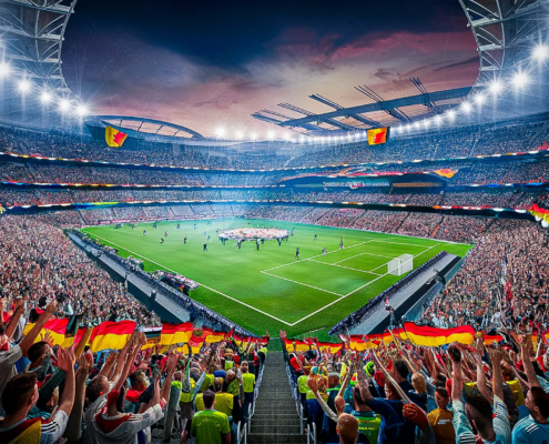 Ein voll besetztes, beleuchtetes Fußballstadion unter einem Abendhimmel. Tausende Fans, viele davon mit deutschen Fahnen, jubeln begeistert von den Tribünen. Auf dem Spielfeld sind die Mannschaften in der Mitte aufgereiht, auf dem Spielfeld ist ein großes, kreisförmiges Emblem für die Fußball-EM 2024 zu sehen. Die Lichter des Stadions leuchten hell und sorgen für eine lebendige Atmosphäre. - Ihr Landhaus Scherrer aus Hamburg